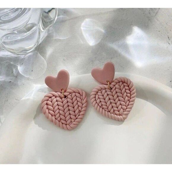 Pink Cute Girly Fun Geometric Boho Braided Heart Dangle Jewelry Earrings NEW - Picture 1 of 2
